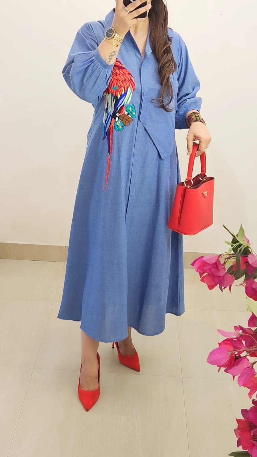 Parrot Embroidered Cotton Midi Dress (Blue)