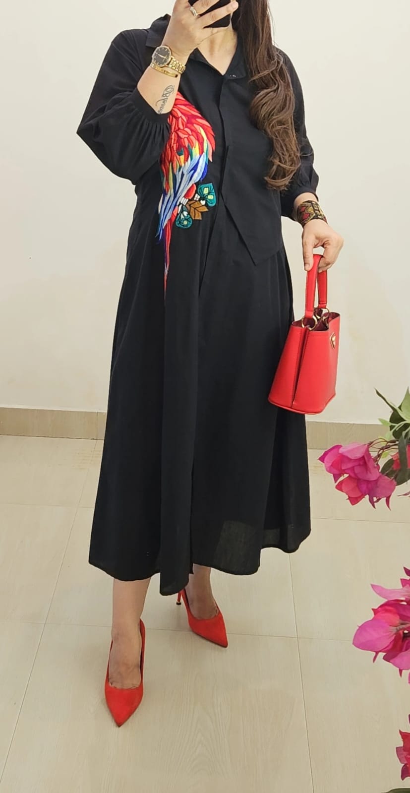 Parrot Embroidered Cotton Midi Dress (Black)