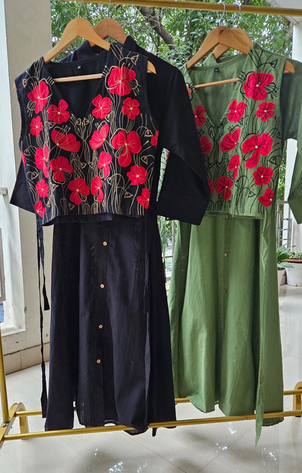 Cotton Midi Dress with Detachable Embroidered Jacket (Green)