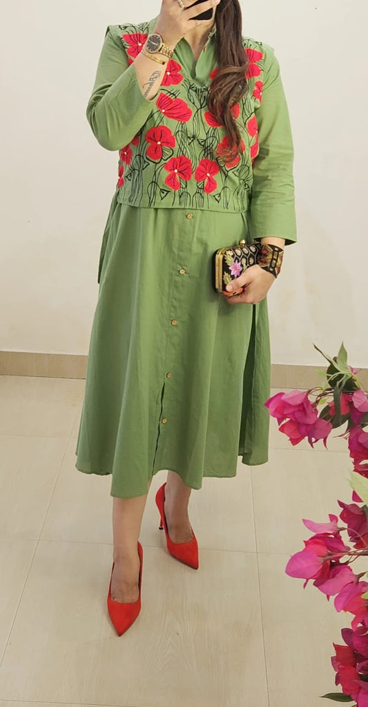 Cotton Midi Dress with Detachable Embroidered Jacket (Green)