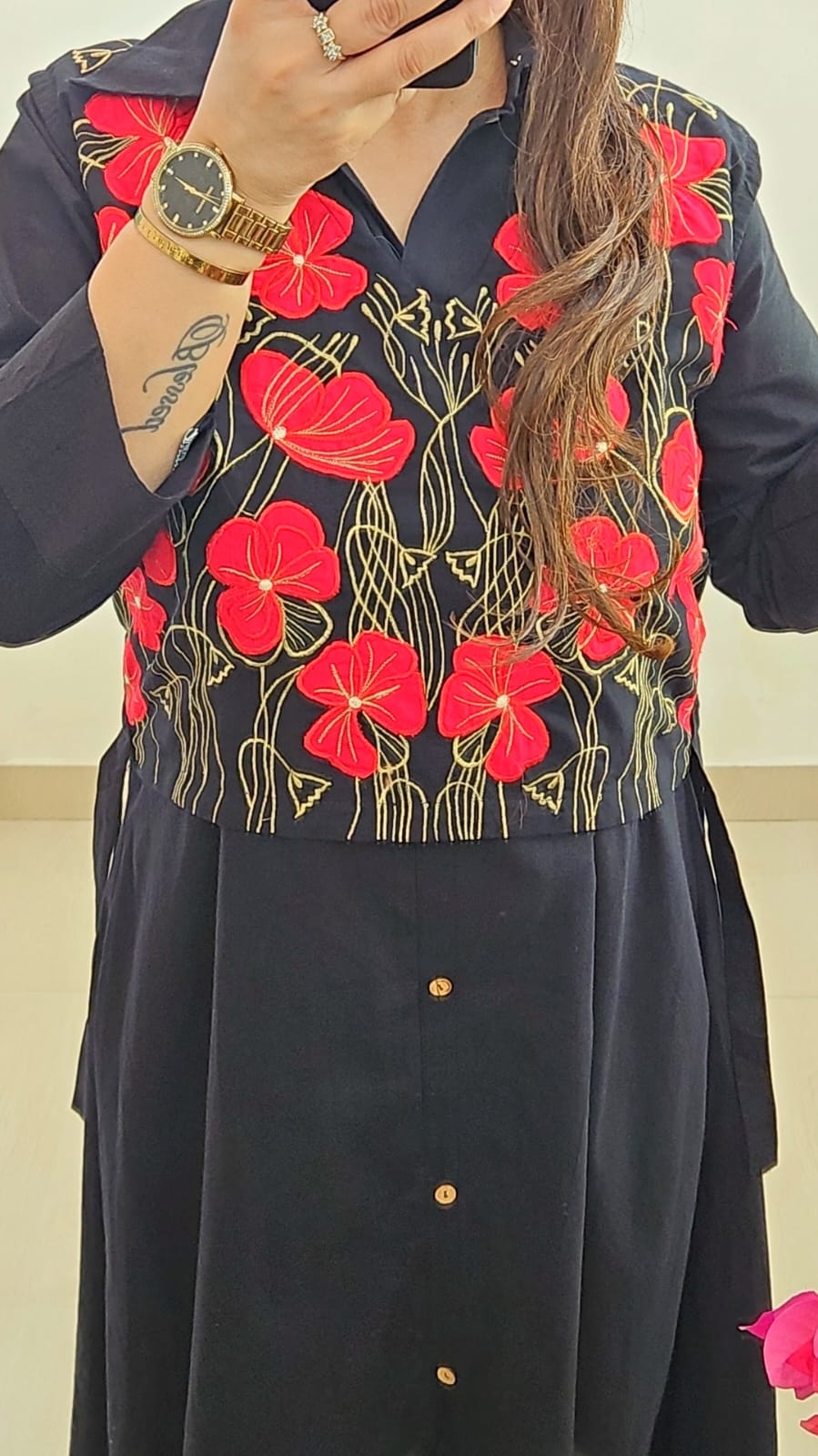 Cotton Midi Dress with Detachable Embroidered Jacket (Black)