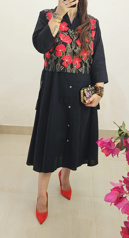 Cotton Midi Dress with Detachable Embroidered Jacket (Black)
