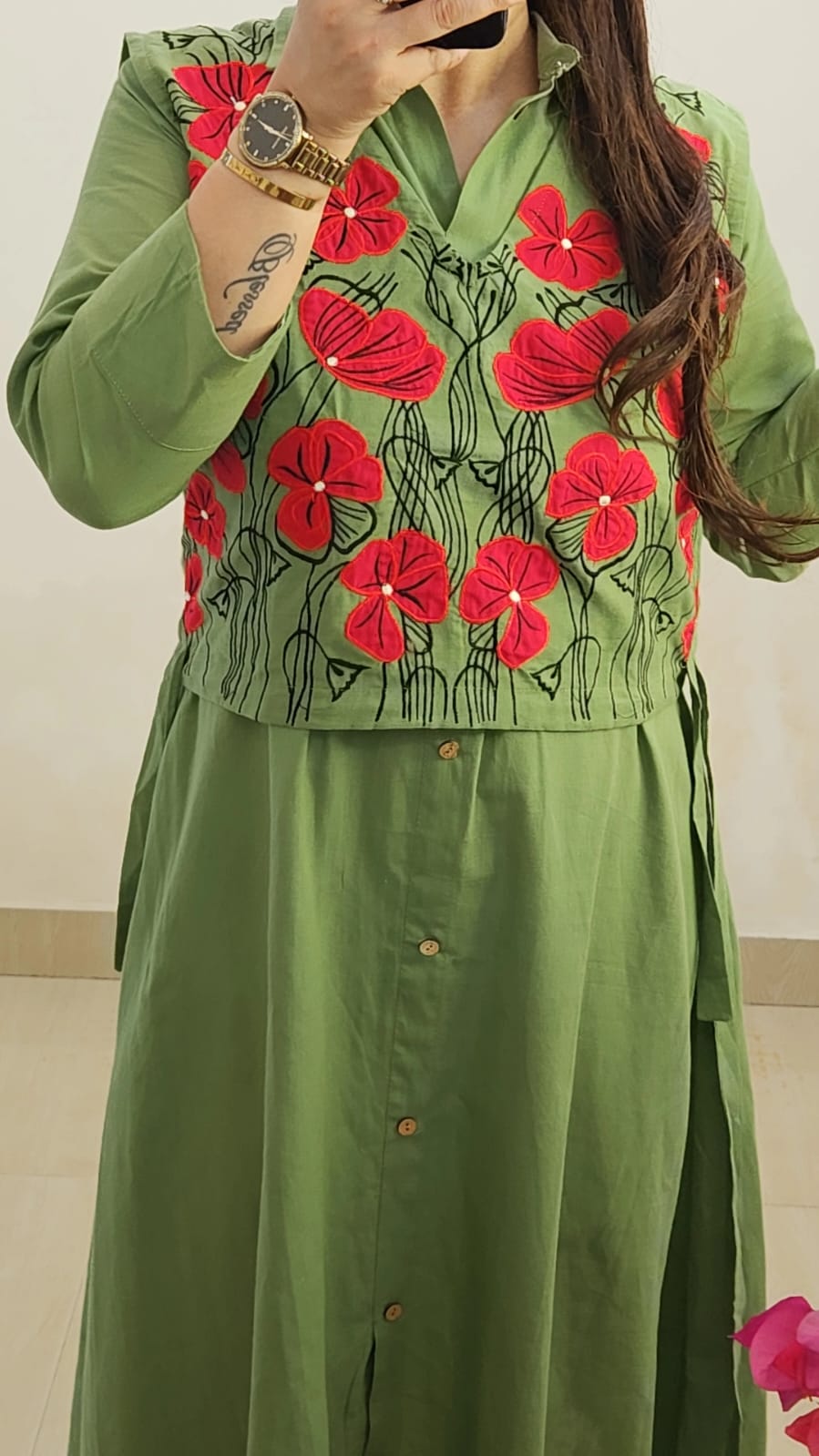 Cotton Midi Dress with Detachable Embroidered Jacket (Green)