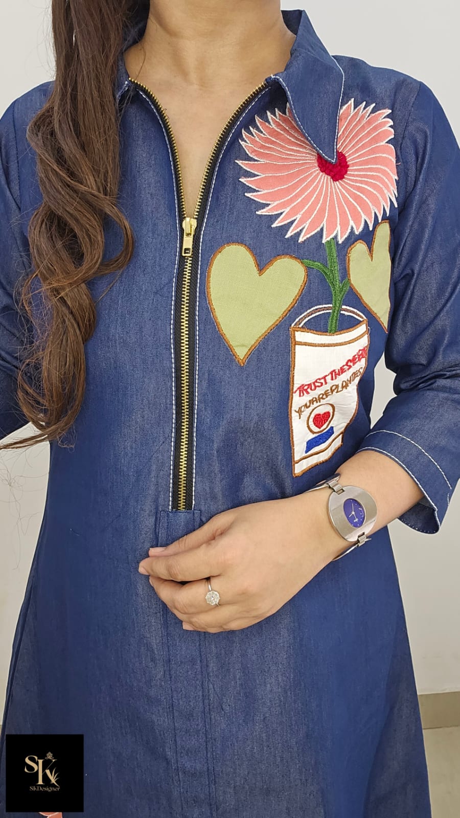 Denim Appliqué Midi Dress