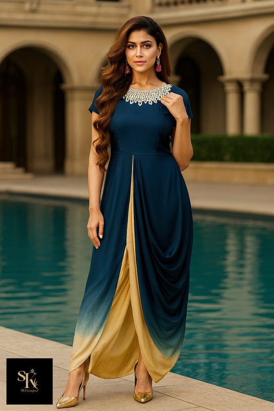 Pure Shaded Elegance – Drape Style Gown (Blue)