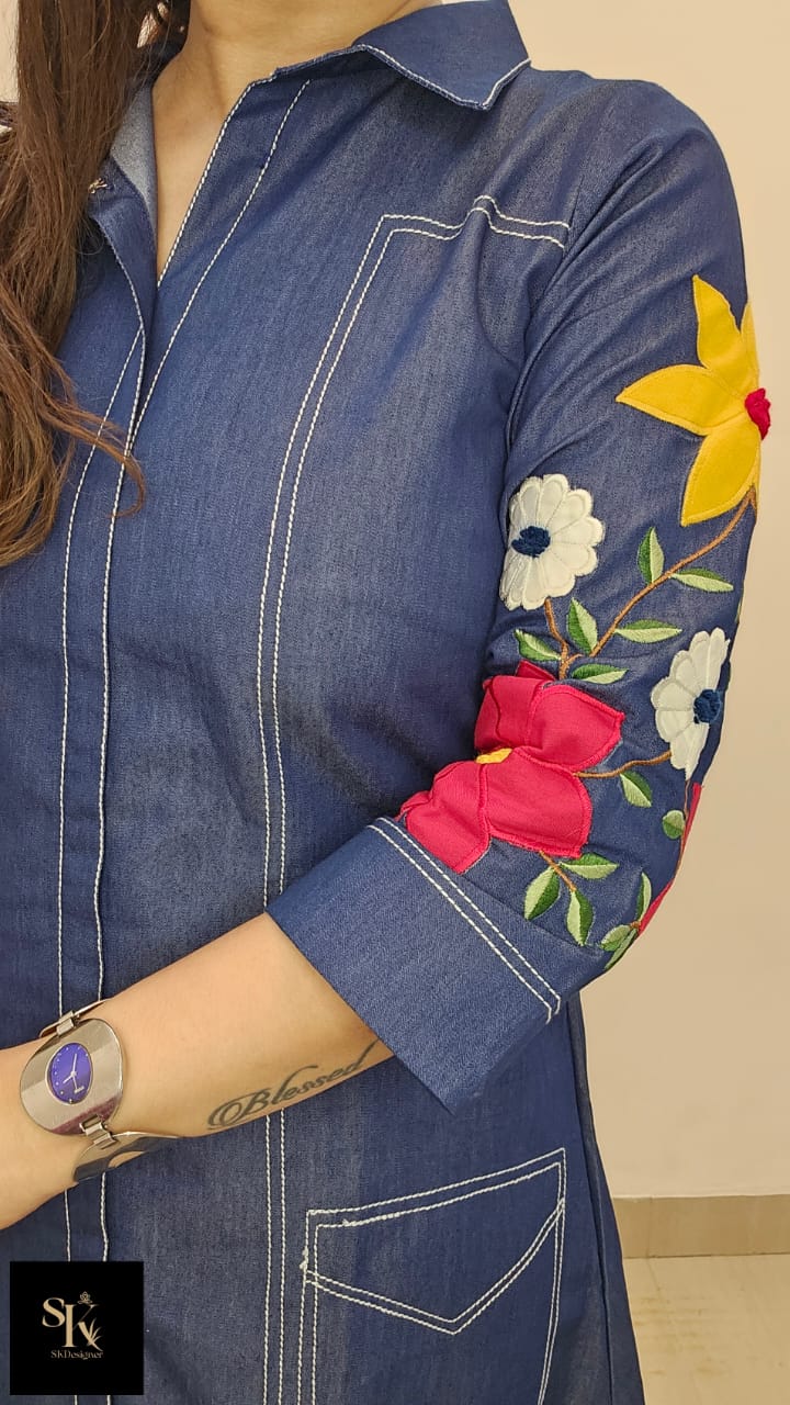 Classy & Stylish Denim Appliqué Midi Dress