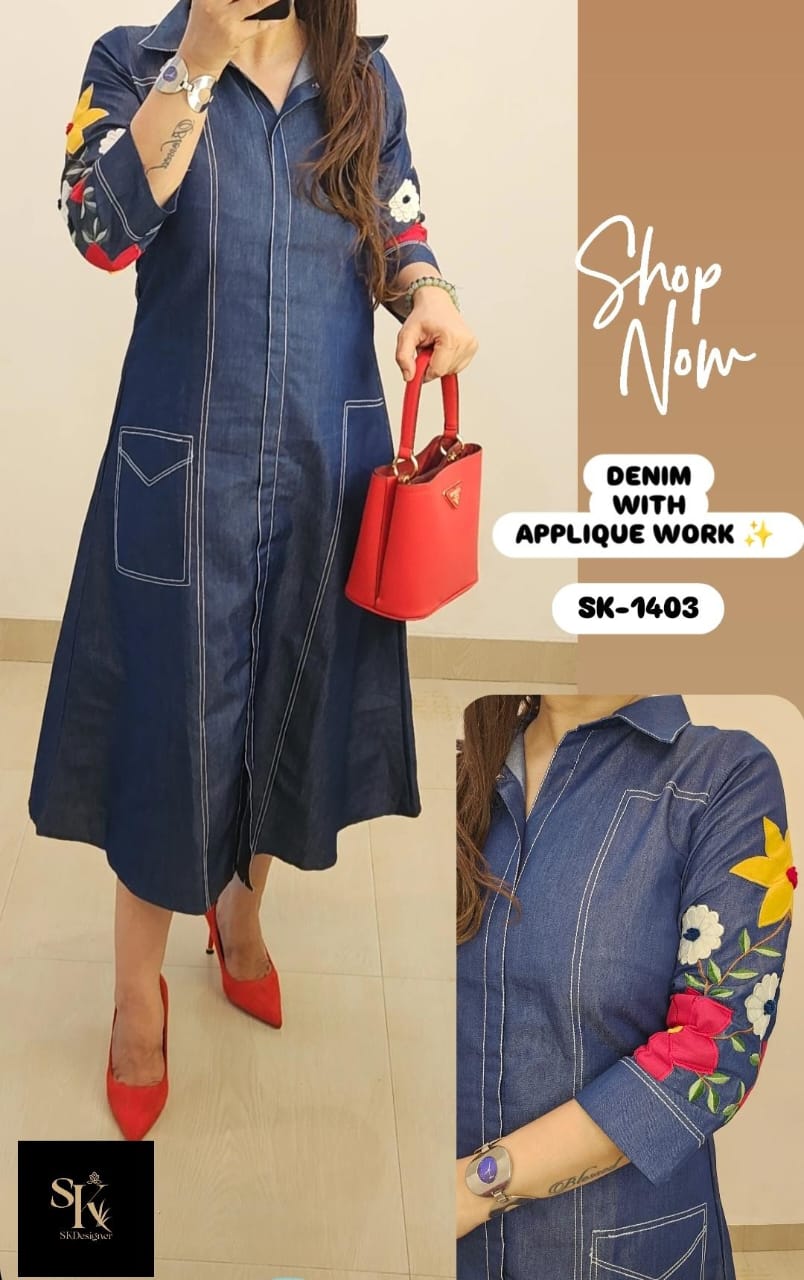 Classy & Stylish Denim Appliqué Midi Dress