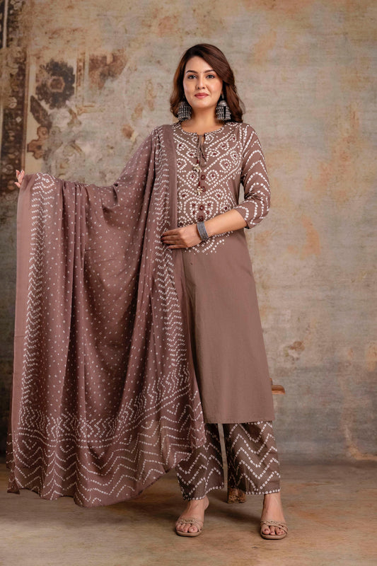 Bandhani Bliss – Festive Kurta Set (Chikoo)