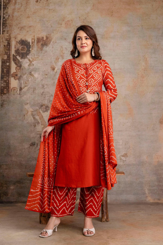 Bandhani Bliss – Festive Kurta Set (Rust)