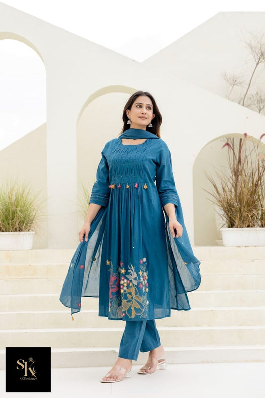 Mul Cotton Tassel Charm Kurta Set (Blue)