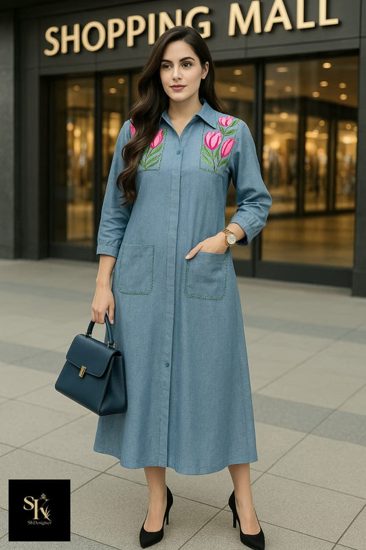 Denim Charm Embroidered Dress