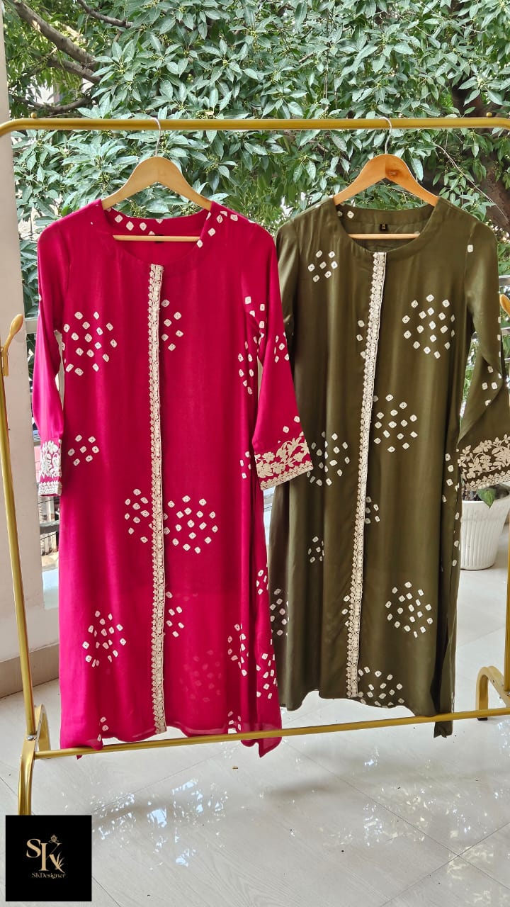 Muslin Silk Bandhej Kurta Set with Thread Embroidery (Green)