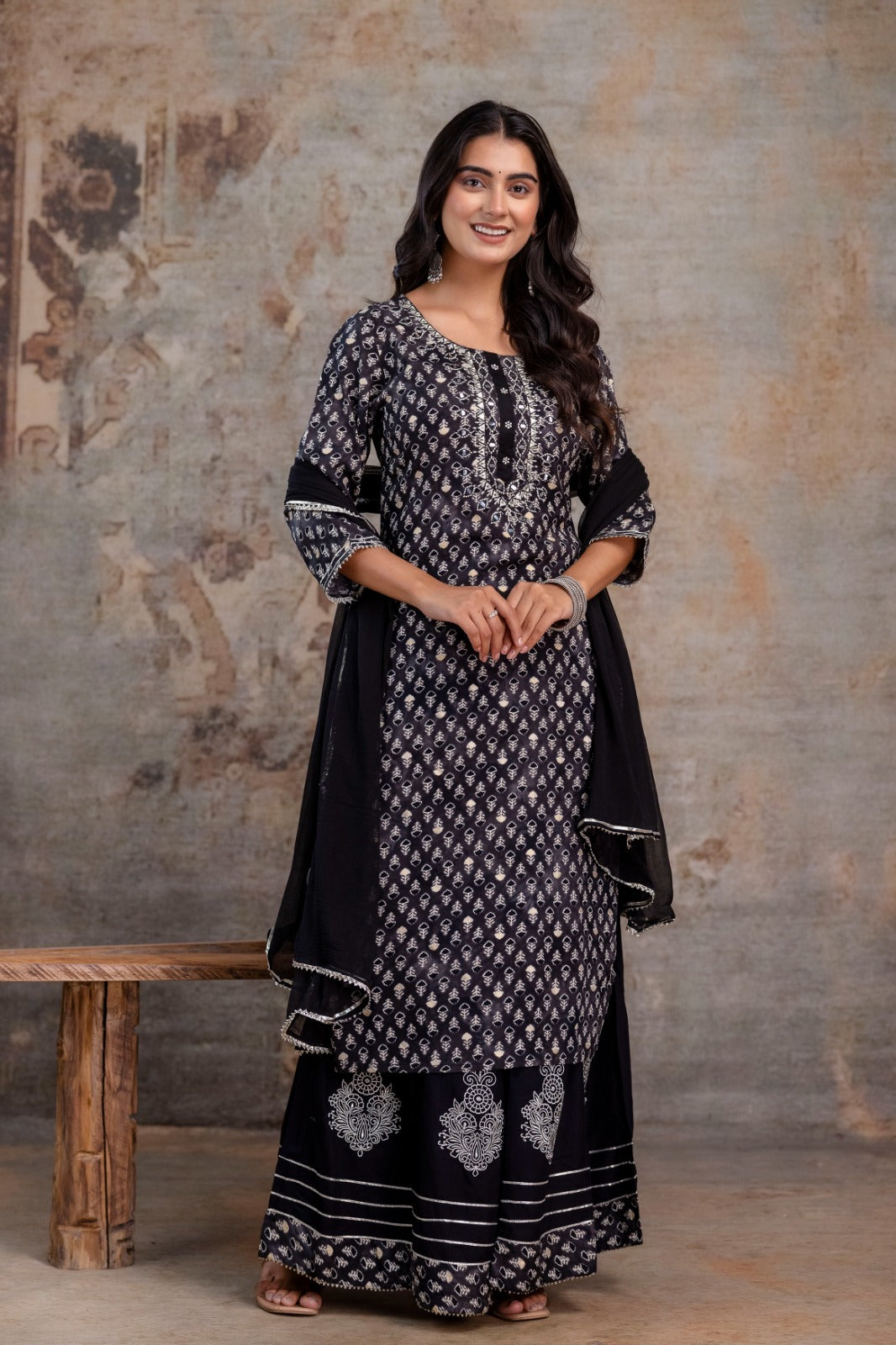 Embroidered Cotton Rayon Sharara Set (Black)