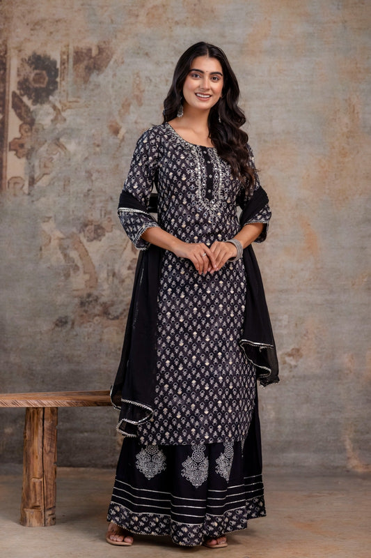 Embroidered Cotton Rayon Sharara Set (Black)