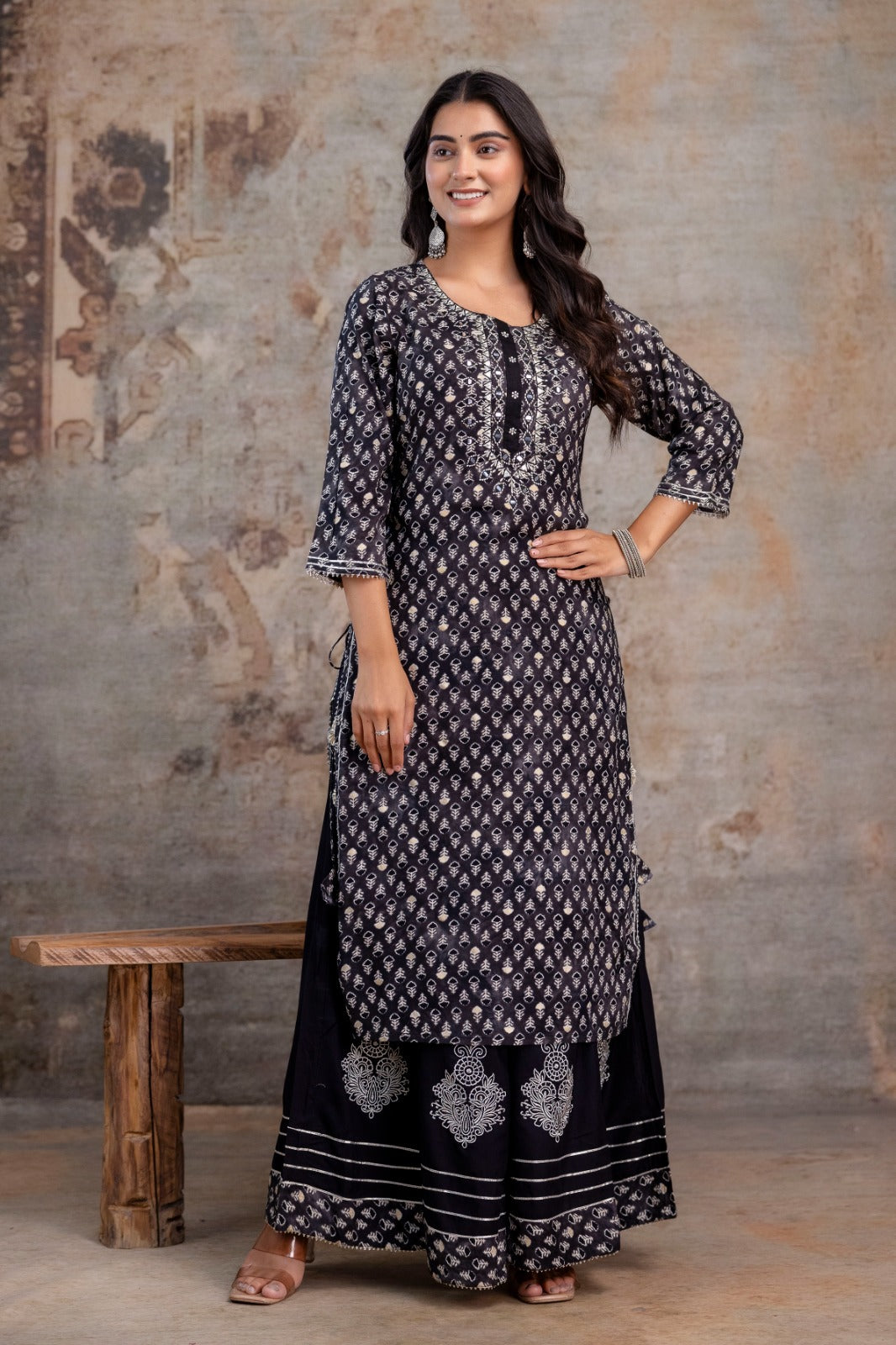 Embroidered Cotton Rayon Sharara Set (Black)