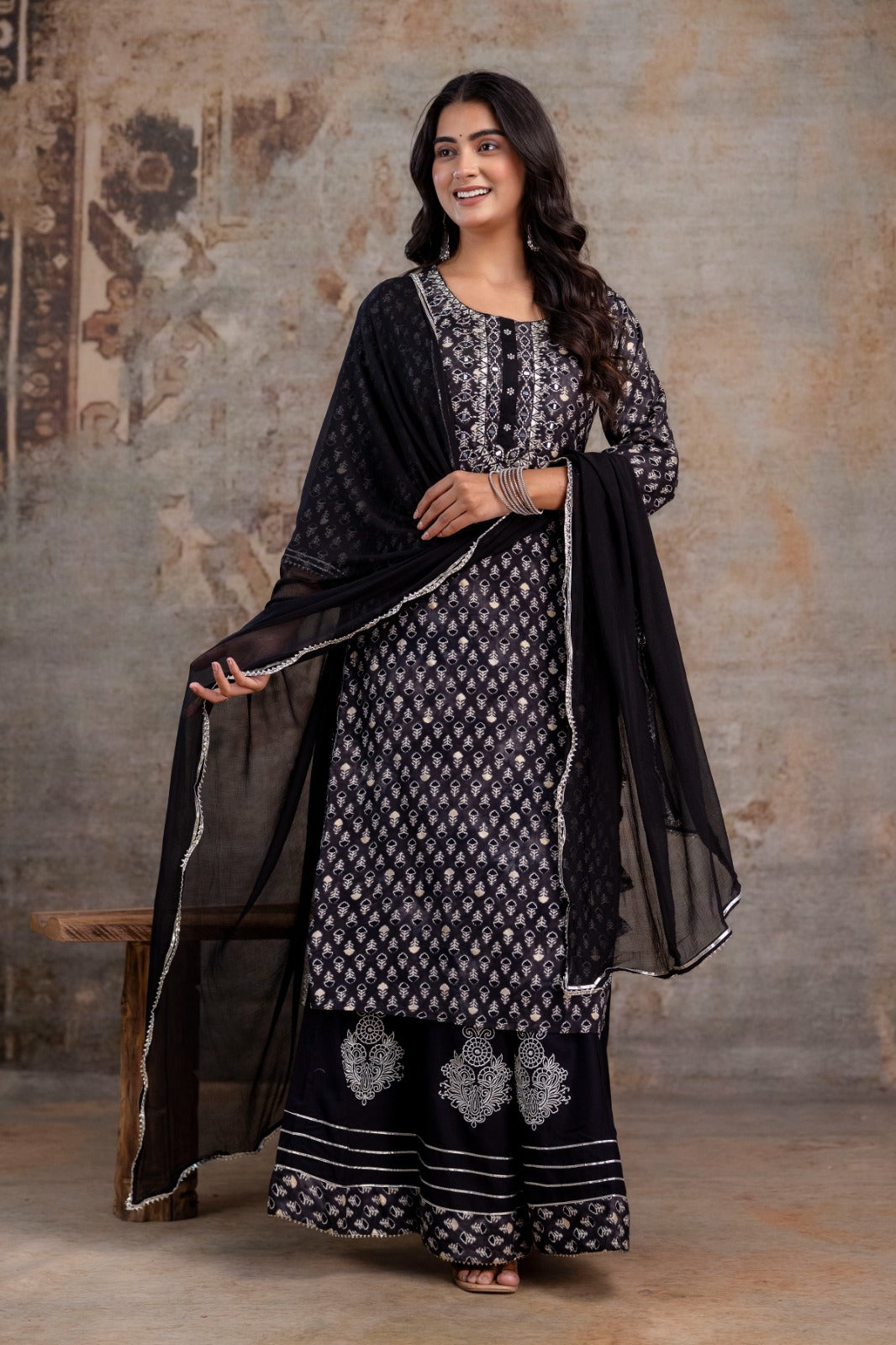 Embroidered Cotton Rayon Sharara Set (Black)