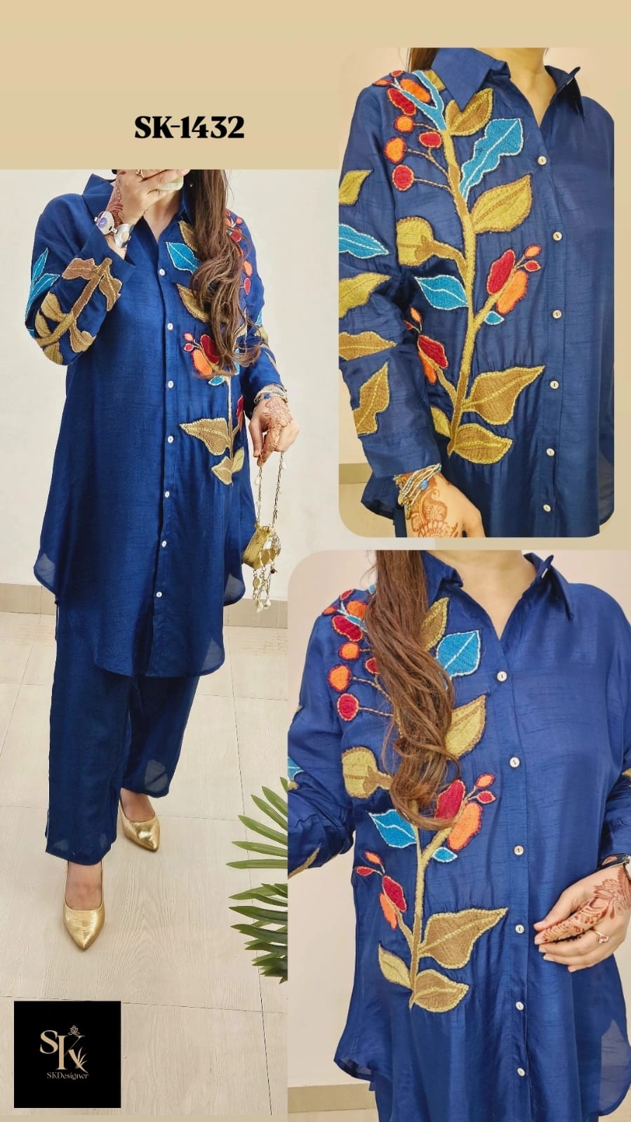 Royal Luxe Russian Silk Appliqué Co-ord Set (Blue)