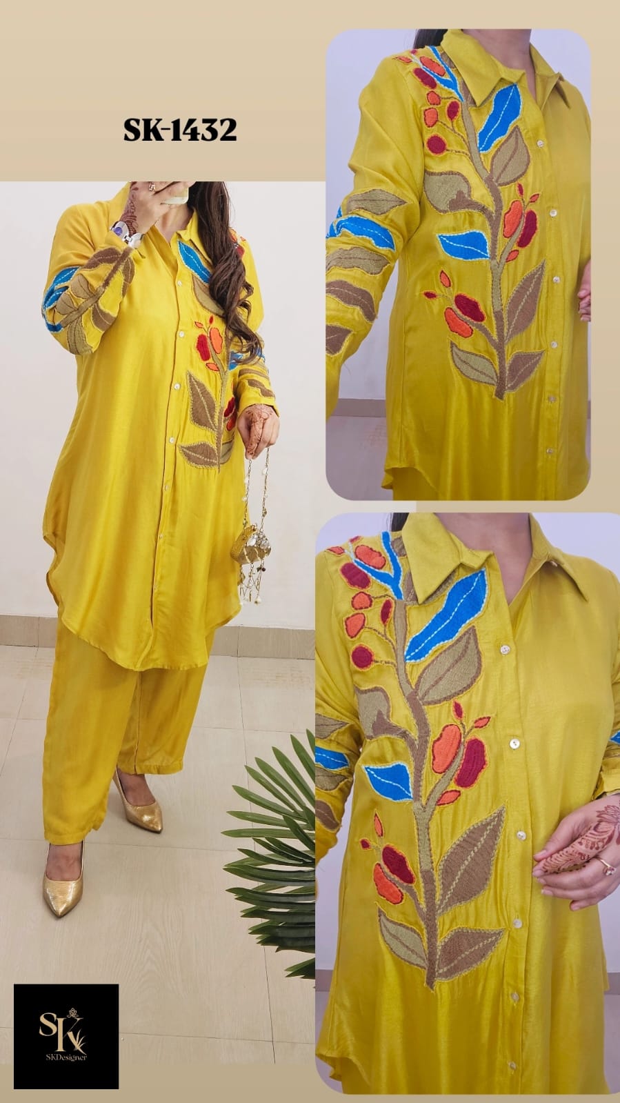 Royal Luxe Russian Silk Appliqué Co-ord Set (Yellow)