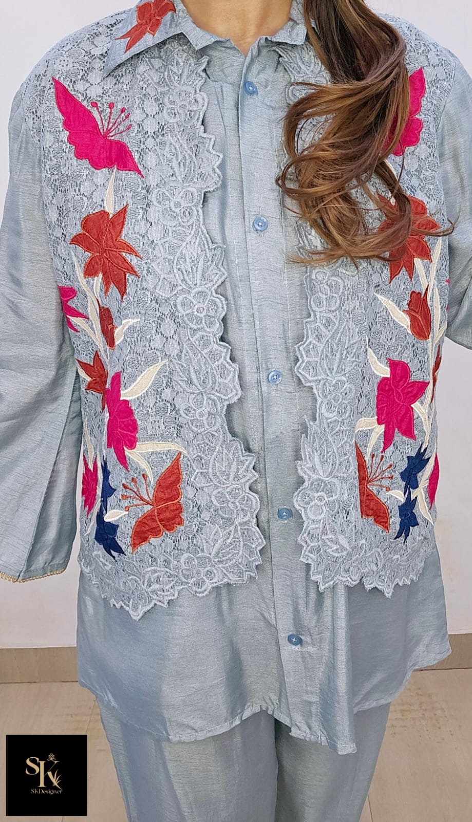Pure Dola Silk Designer Co-Ord Set with Cutwork & Appliqué