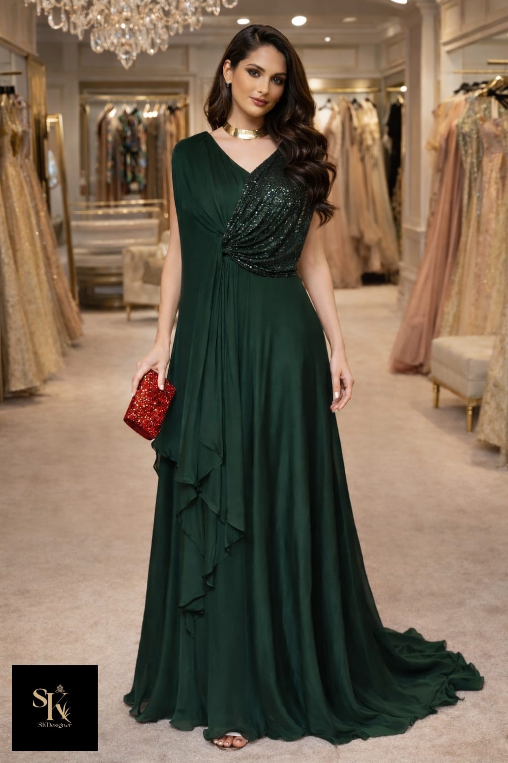 Party Wear Luxe – Sequin Drape Gown (Dark Green)
