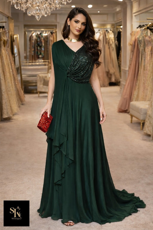 Party Wear Luxe – Sequin Drape Gown (Dark Green)