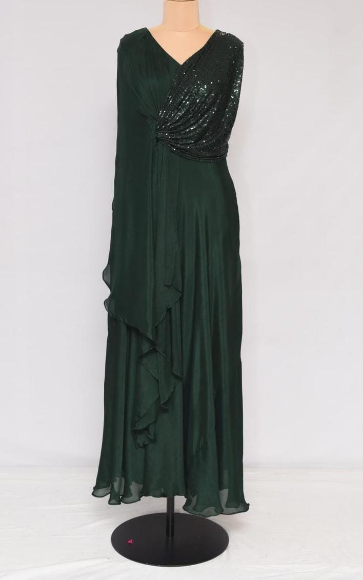 Party Wear Luxe – Sequin Drape Gown (Dark Green)