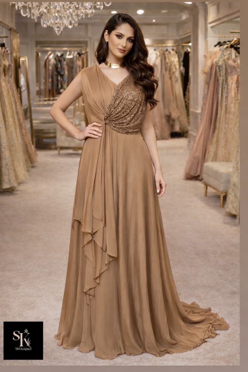 Party Wear Luxe – Sequin Drape Gown (Beige)