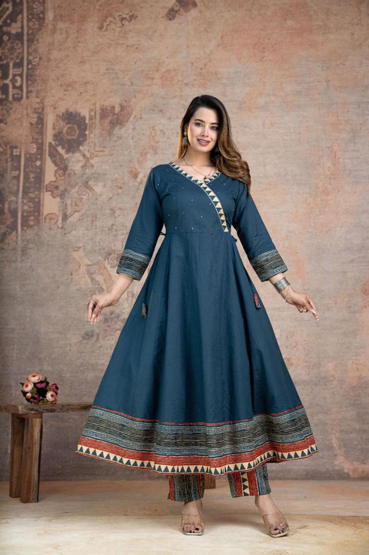 Aarohi Cotton Flared Anarkali Set (Blue)