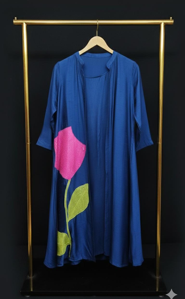 Appliqué Grace Cotton Silk Dress with Detachable Jacket