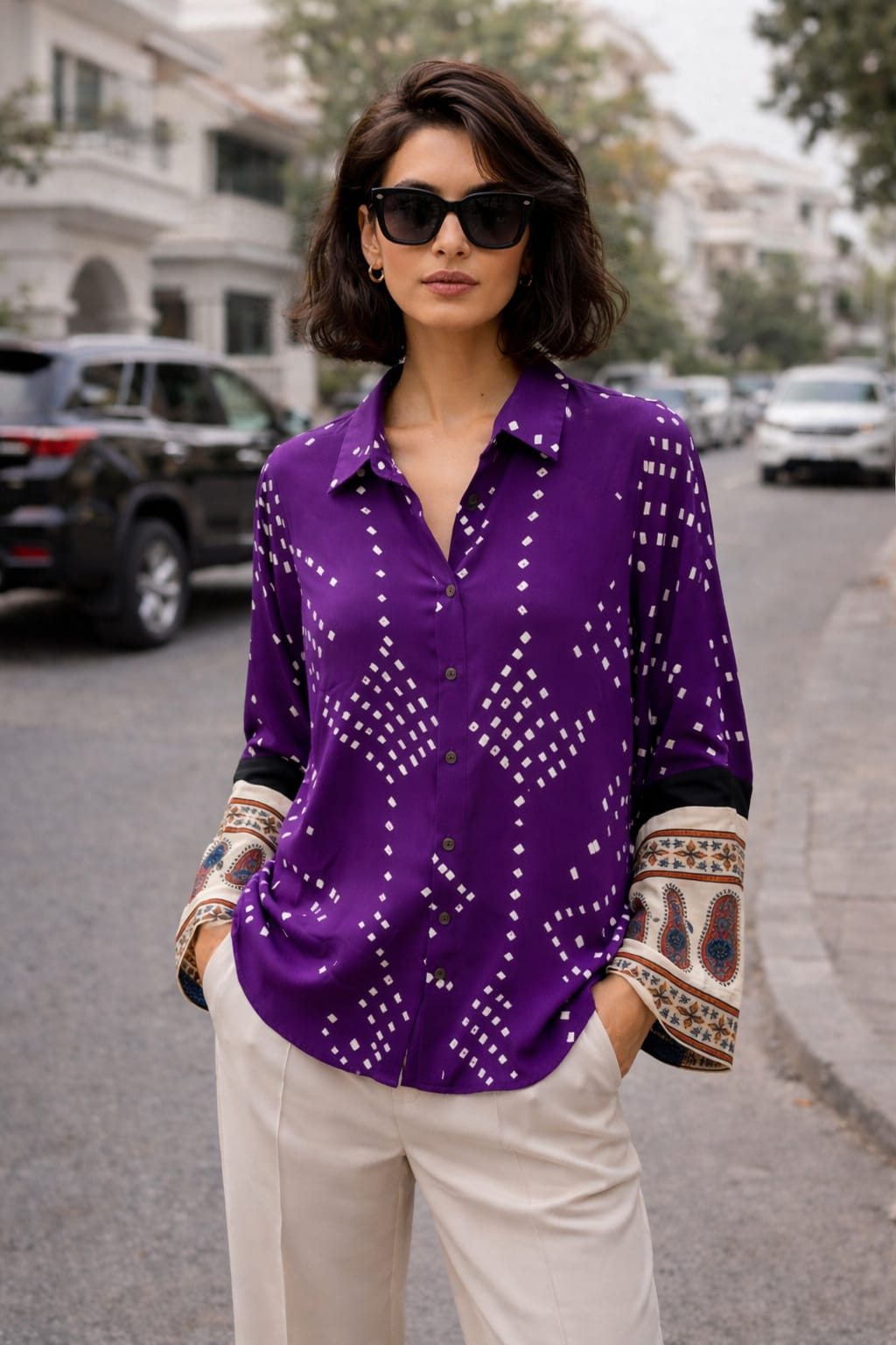 Glossy Glam Bandhej Satin Shirt (Purple)