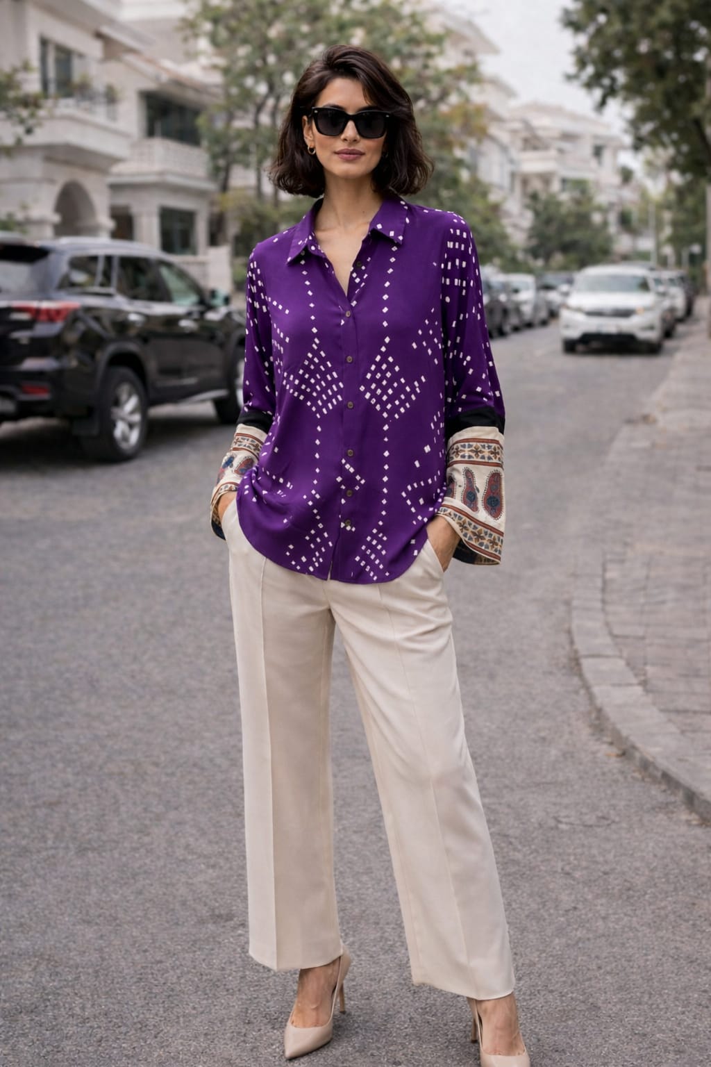 Glossy Glam Bandhej Satin Shirt (Purple)