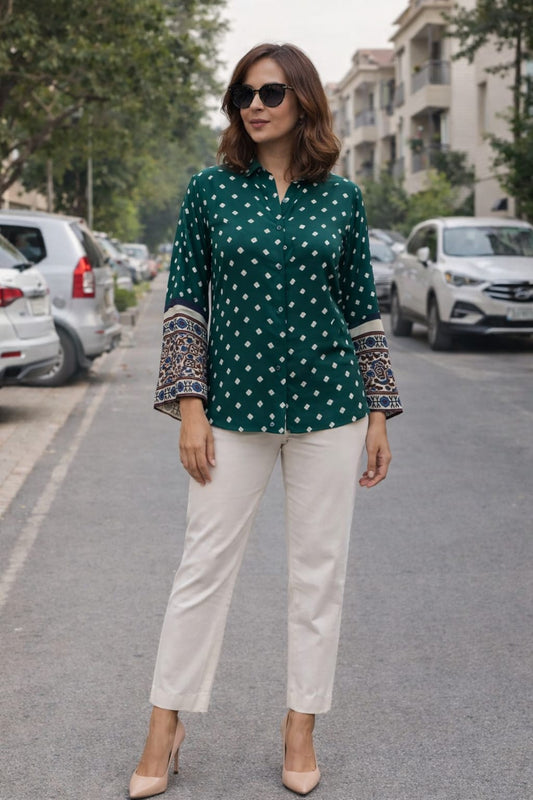 Glossy Glam Bandhej Satin Shirt (Green)