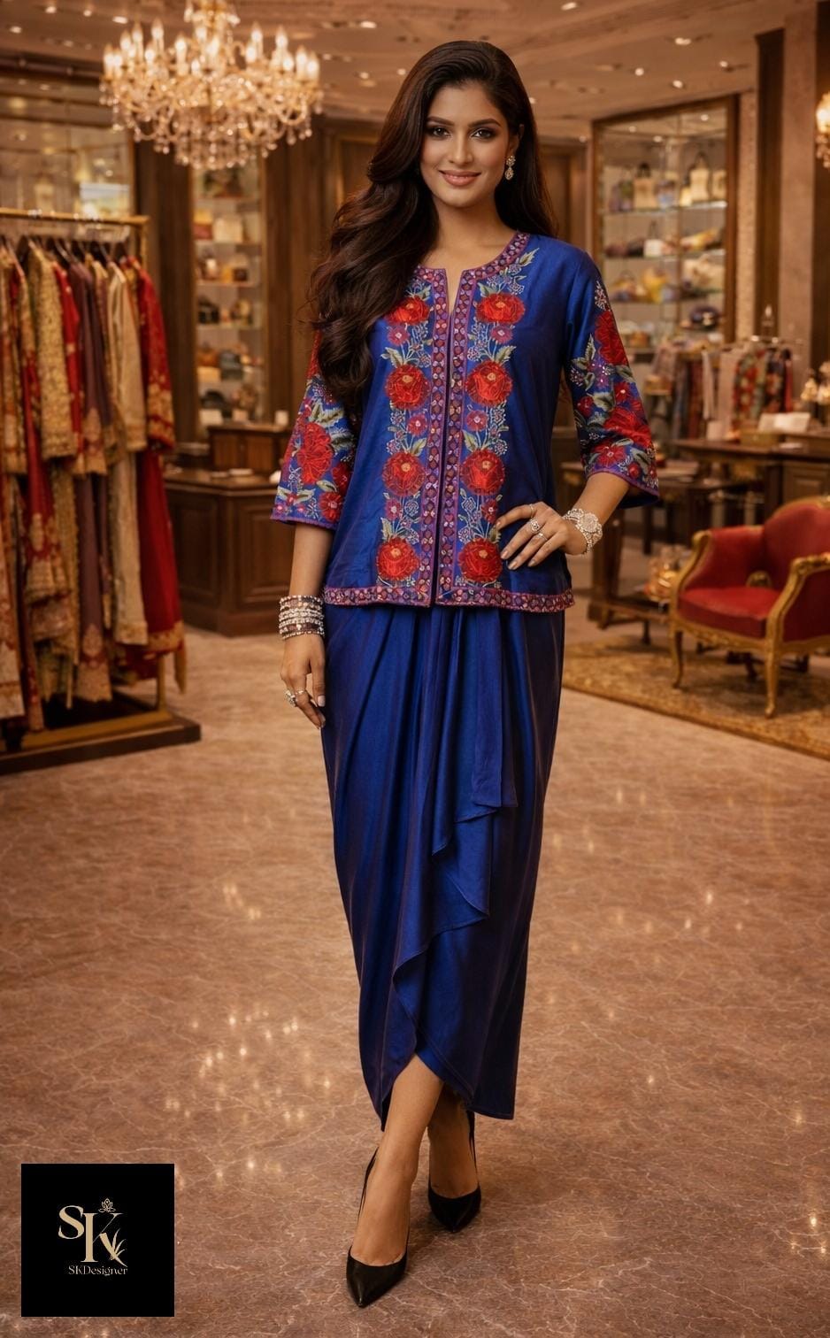Luxury Dola Silk Party Wear Set with Embroidered Top & Crepe Wrap Skirt