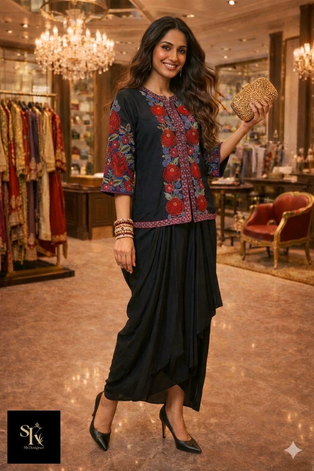 Luxury Dola Silk Party Wear Set with Embroidered Top & Crepe Wrap Skirt
