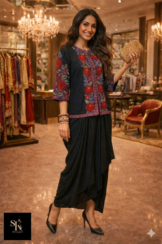 Luxury Dola Silk Party Wear Set with Embroidered Top & Crepe Wrap Skirt