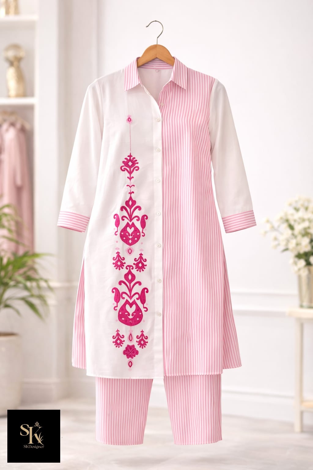 Elegant Stripes Cotton Flex Co-ord Set for Women – Stylish Summer Cord Set with Embroidery (Pink)