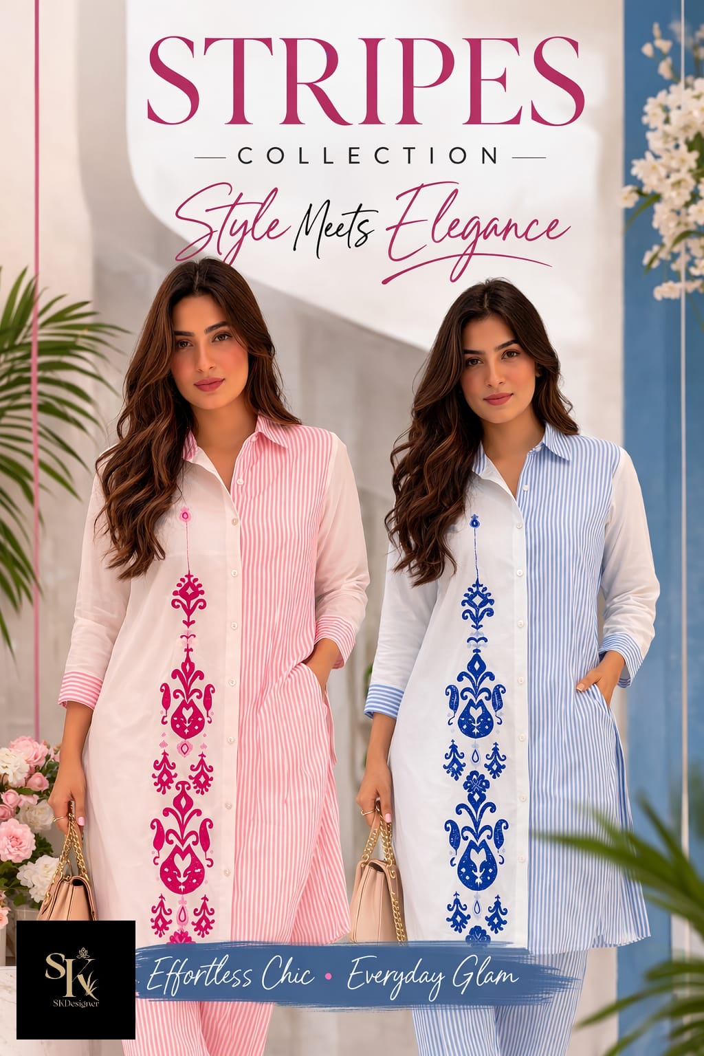 Elegant Stripes Cotton Flex Co-ord Set for Women – Stylish Summer Cord Set with Embroidery (Pink)