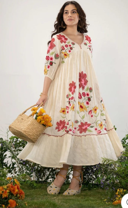 Ivory Bloom Embroidered Midi Dress