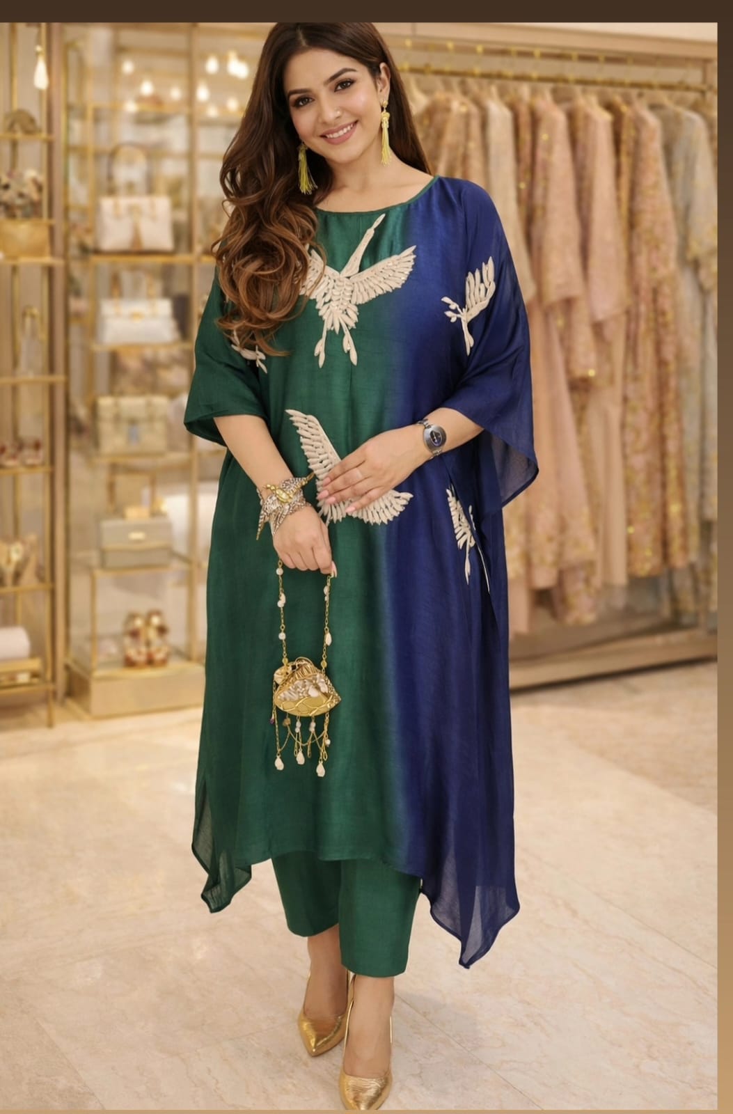 Sunset Aviary Luxe Kaftan Set (Green)