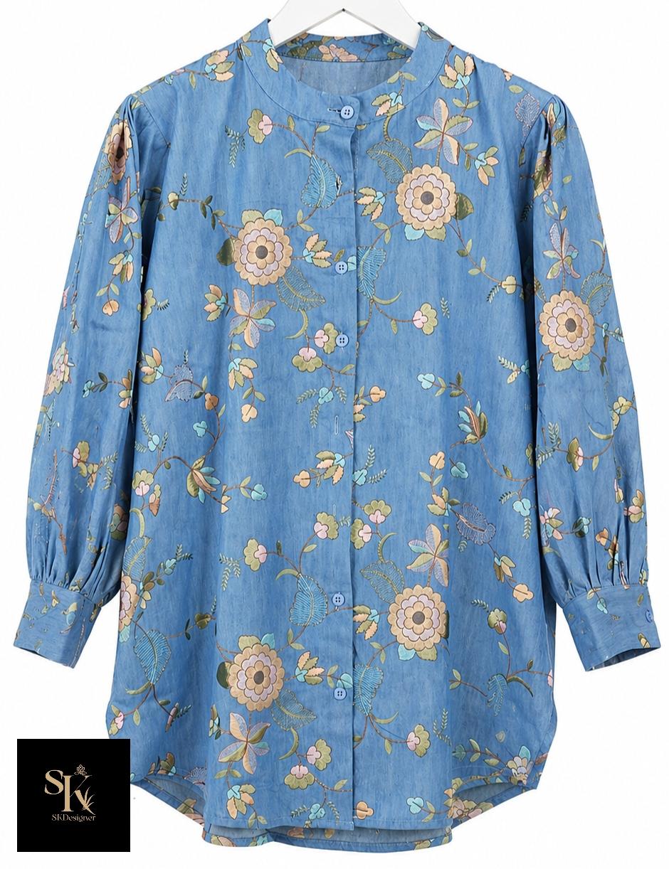 Denim Bloom Embroidered Shirt