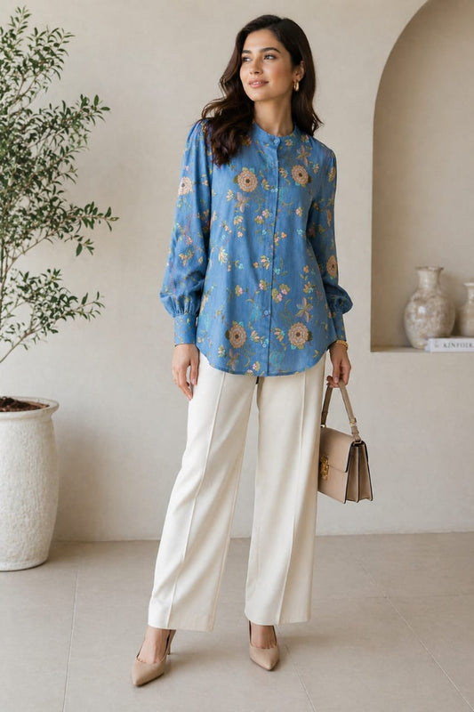 Denim Bloom Embroidered Shirt