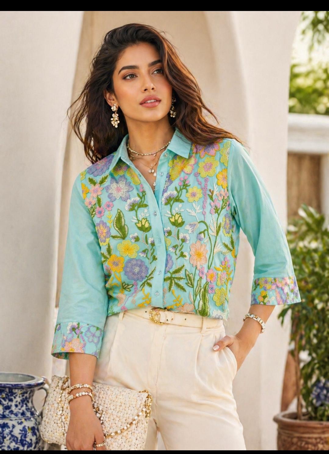 Summer Statement Embroidered Shirt (Green)
