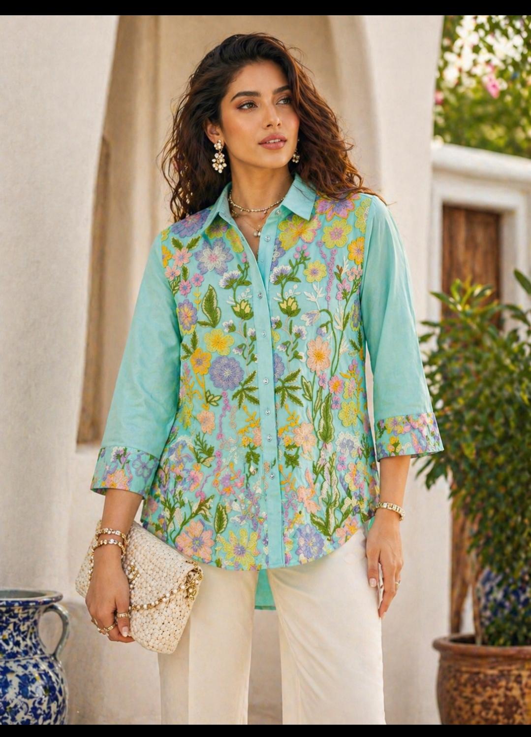 Summer Statement Embroidered Shirt (Green)