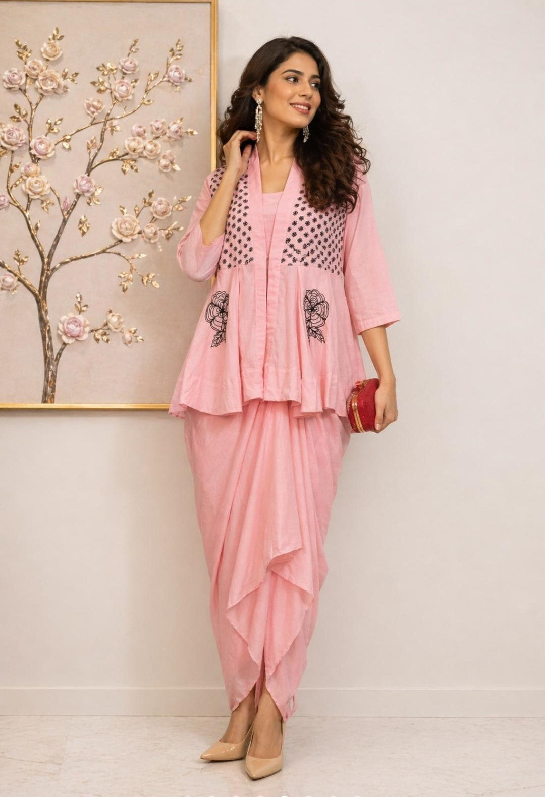 Noor Drape IndoWestern Set (Pink)