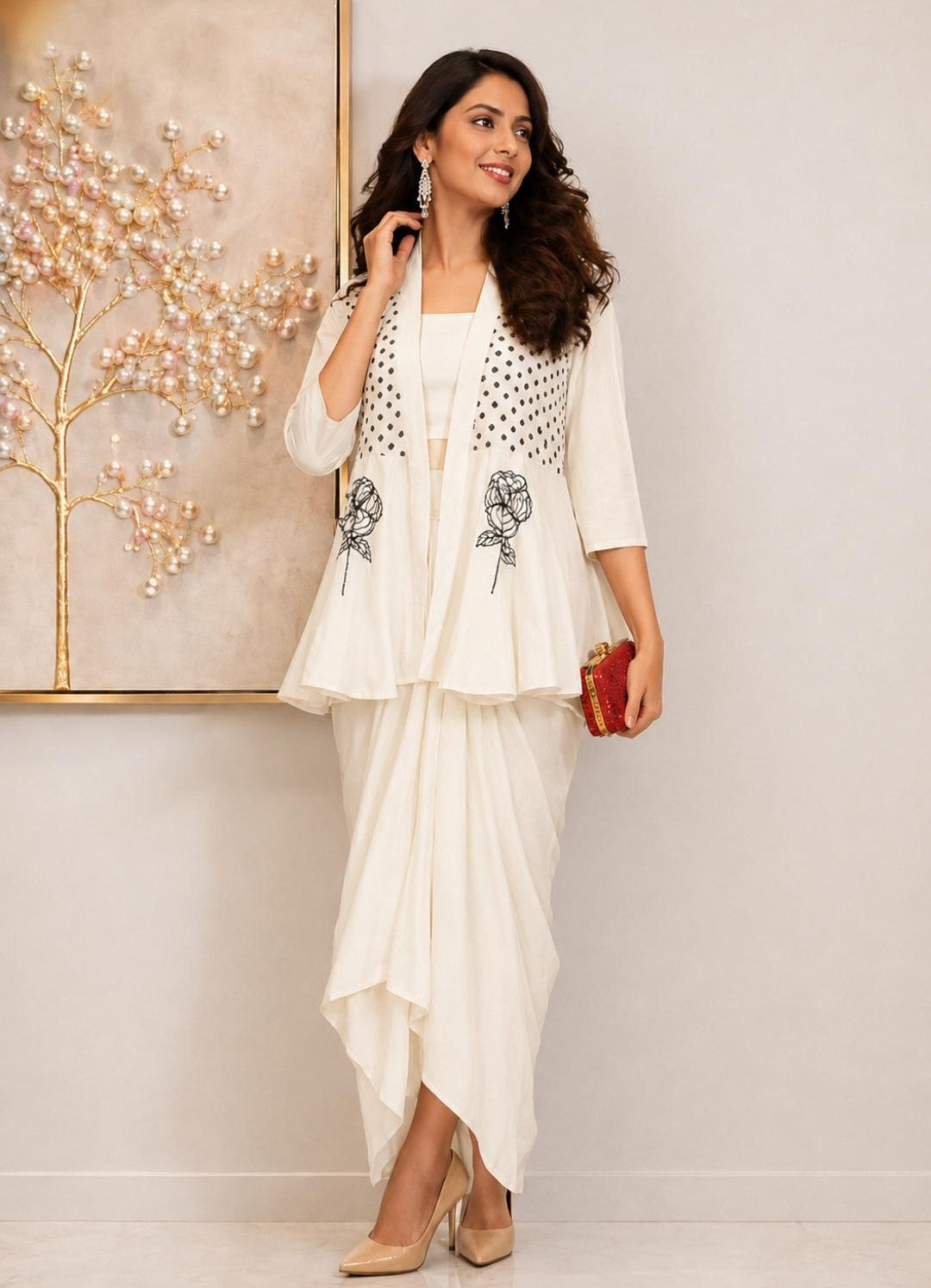 Noor Drape IndoWestern Set (White)