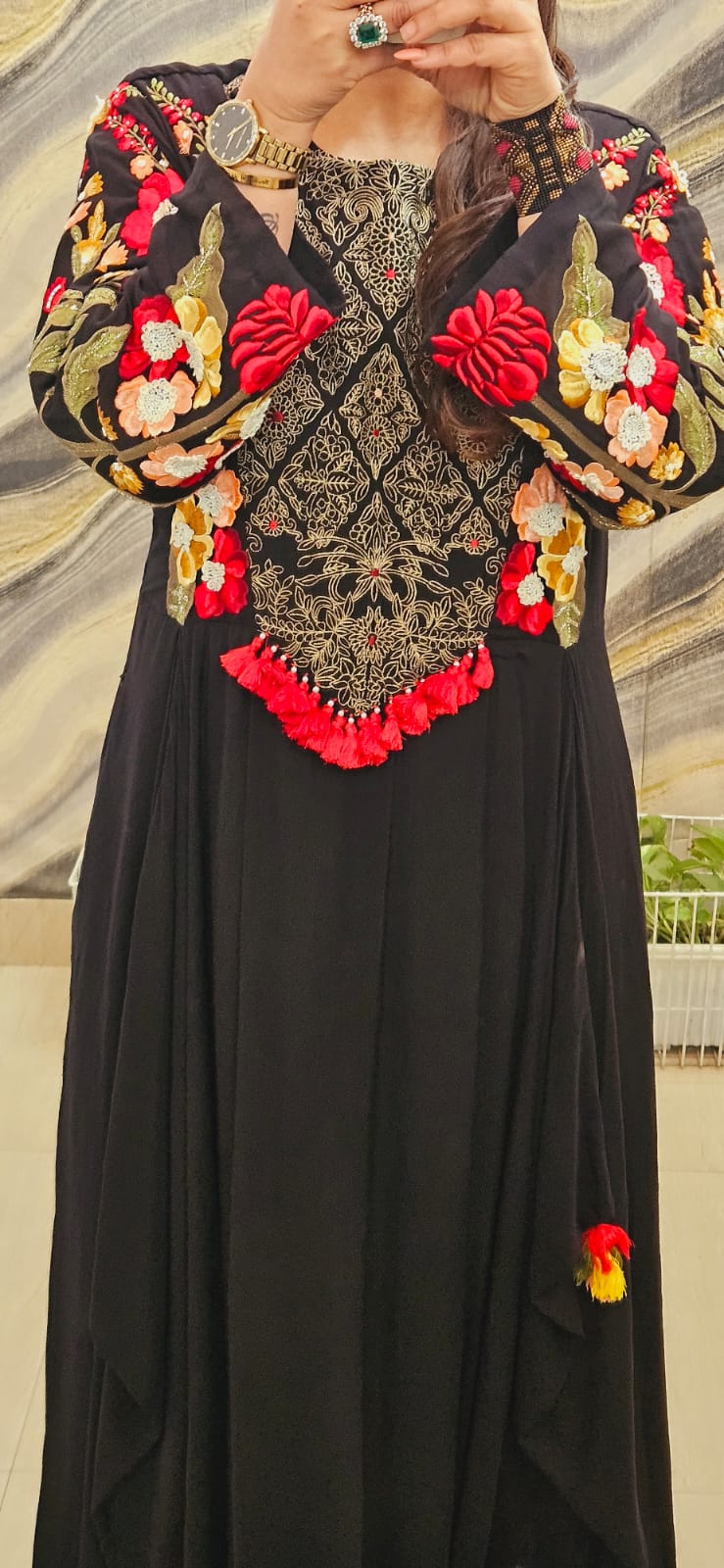 Midnight Elegance Embroidered Cotton Gown
