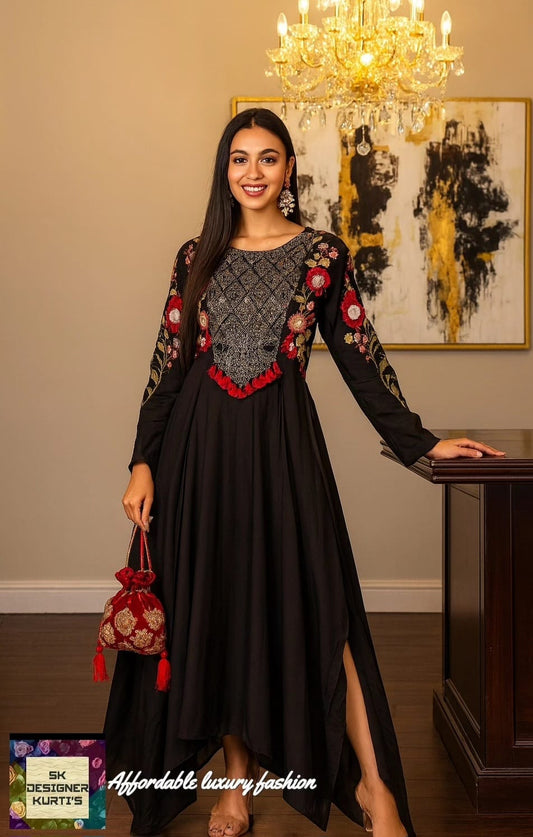 Midnight Elegance Embroidered Cotton Gown