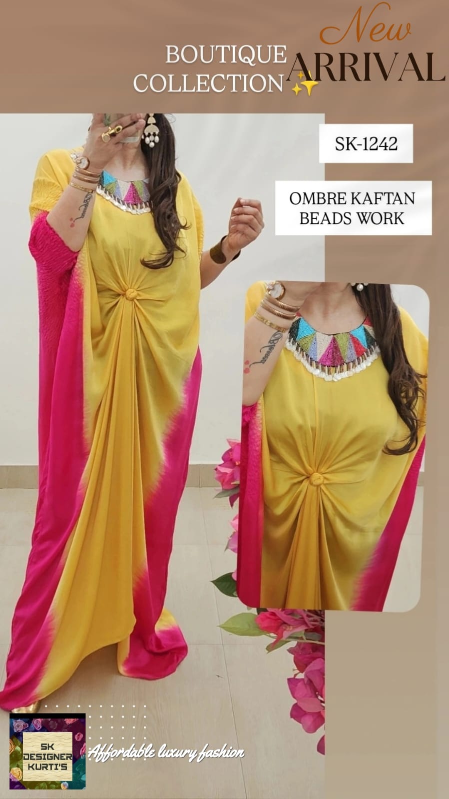 Ombre Elegance – Crepe Satin Kaftan (Yellow)