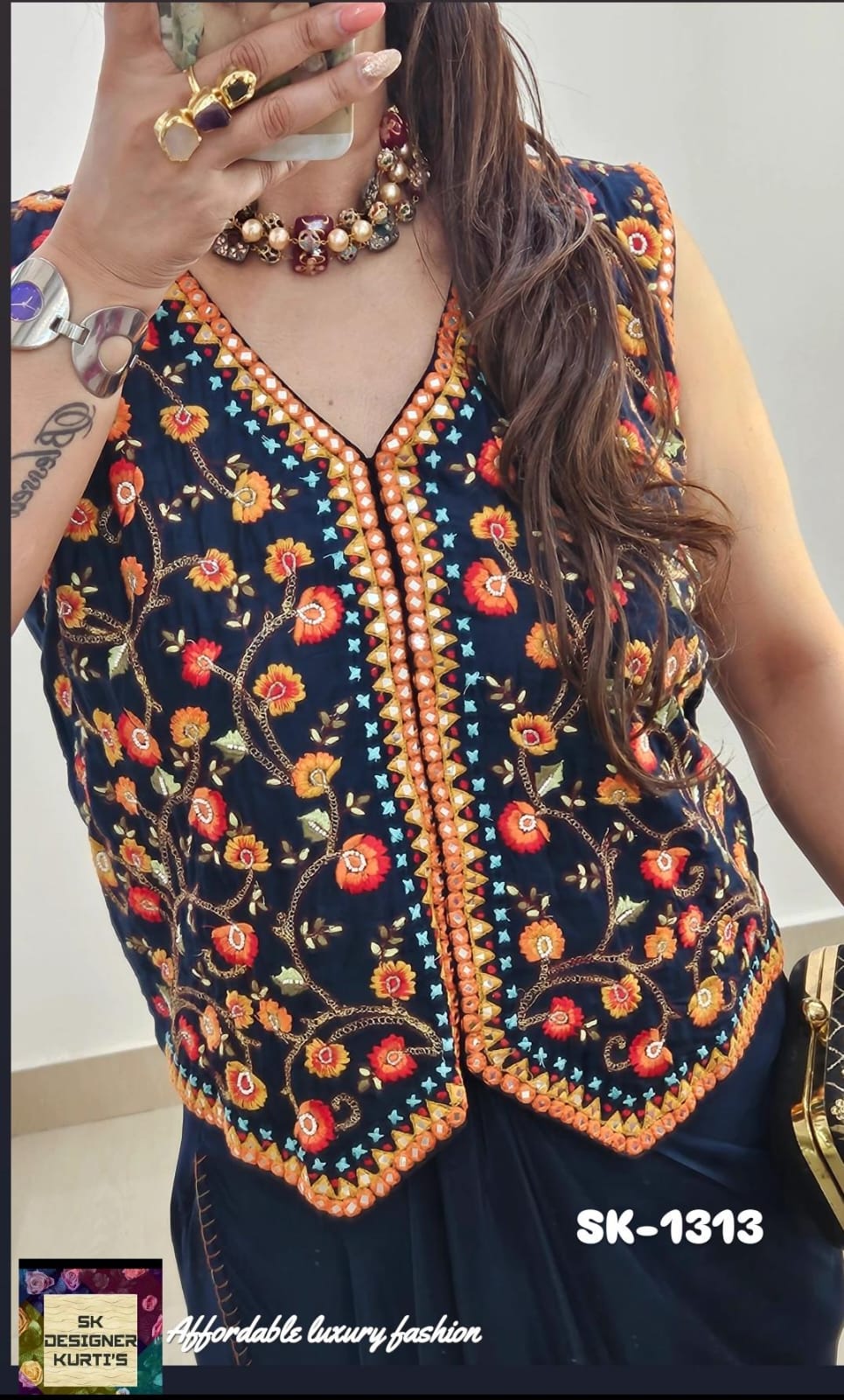 Navy Blue Draped Ensemble with Embroidered Jacket