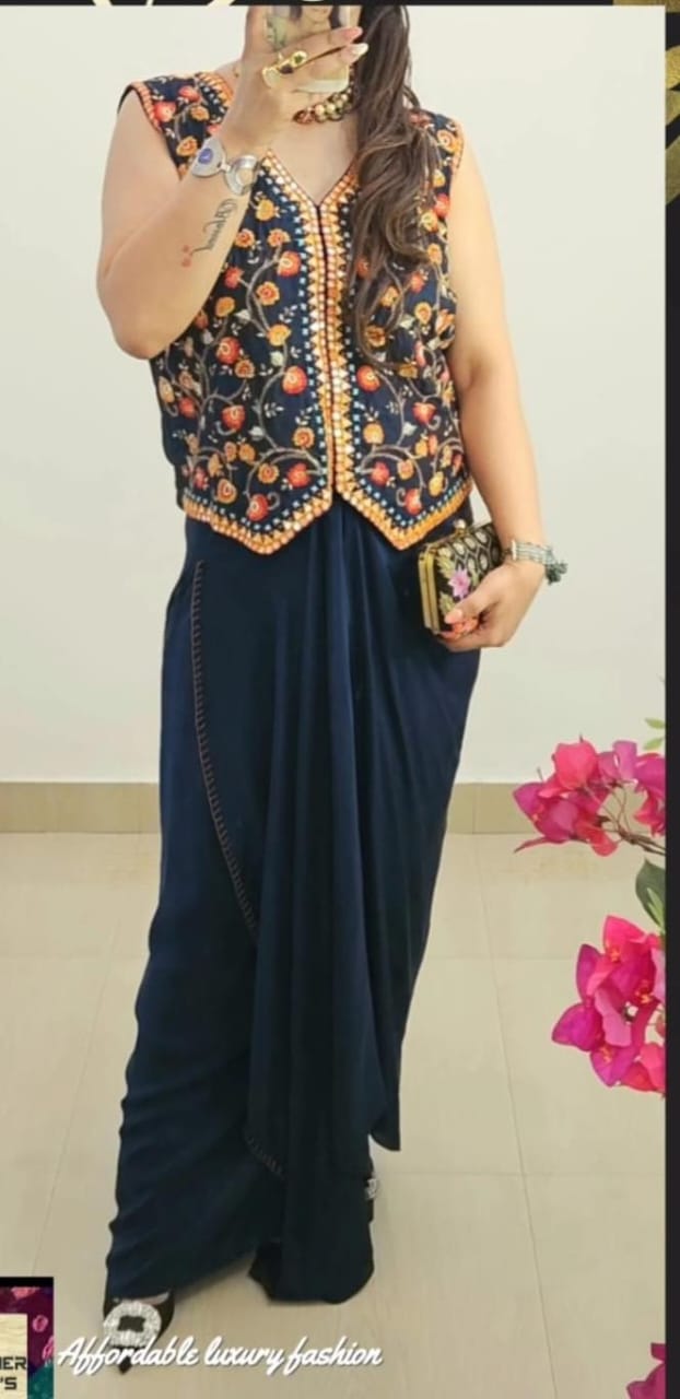 Navy Blue Draped Ensemble with Embroidered Jacket